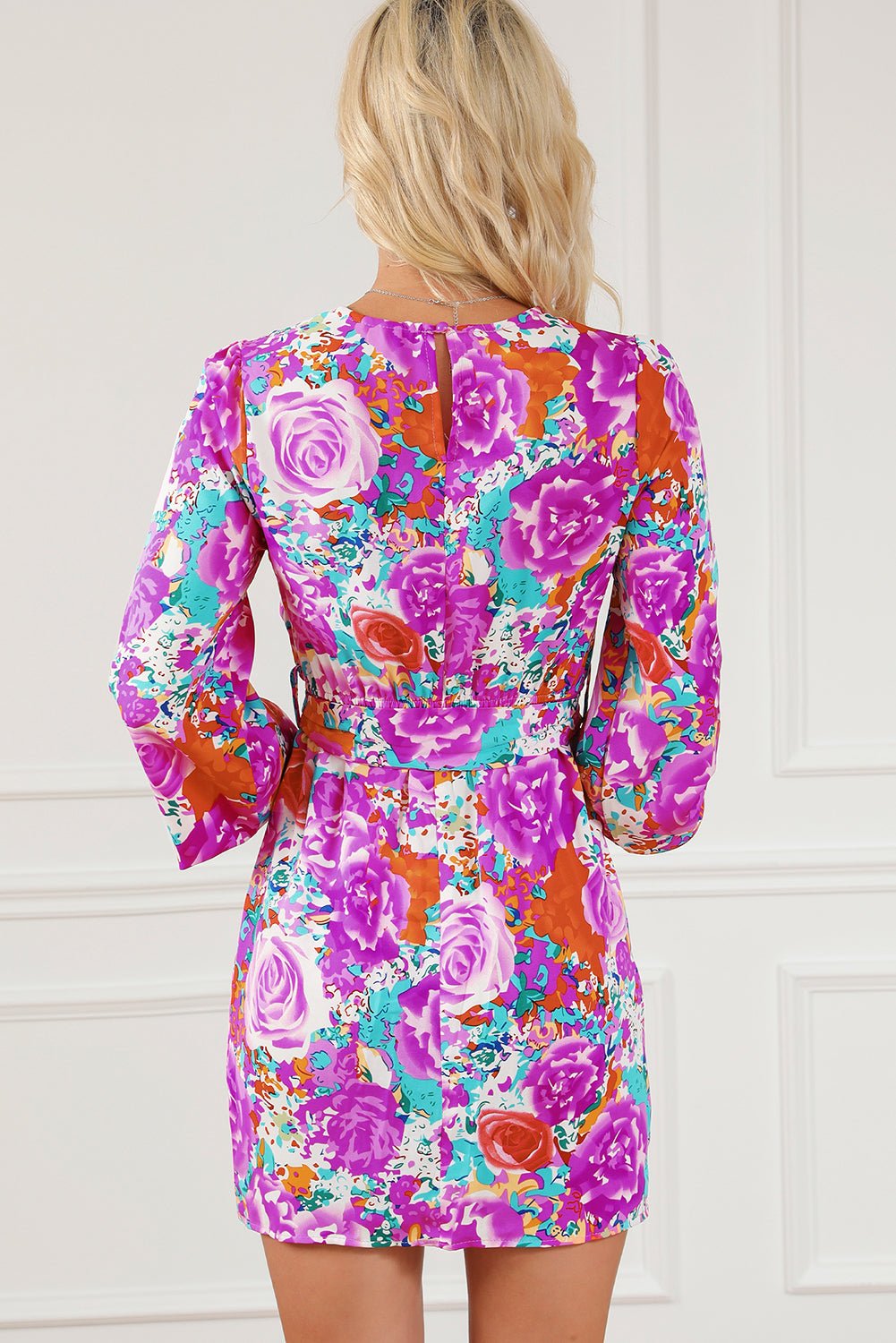 Purple Floral Keyhole Back Long Sleeve Belted Dress | Fashionsarah.com