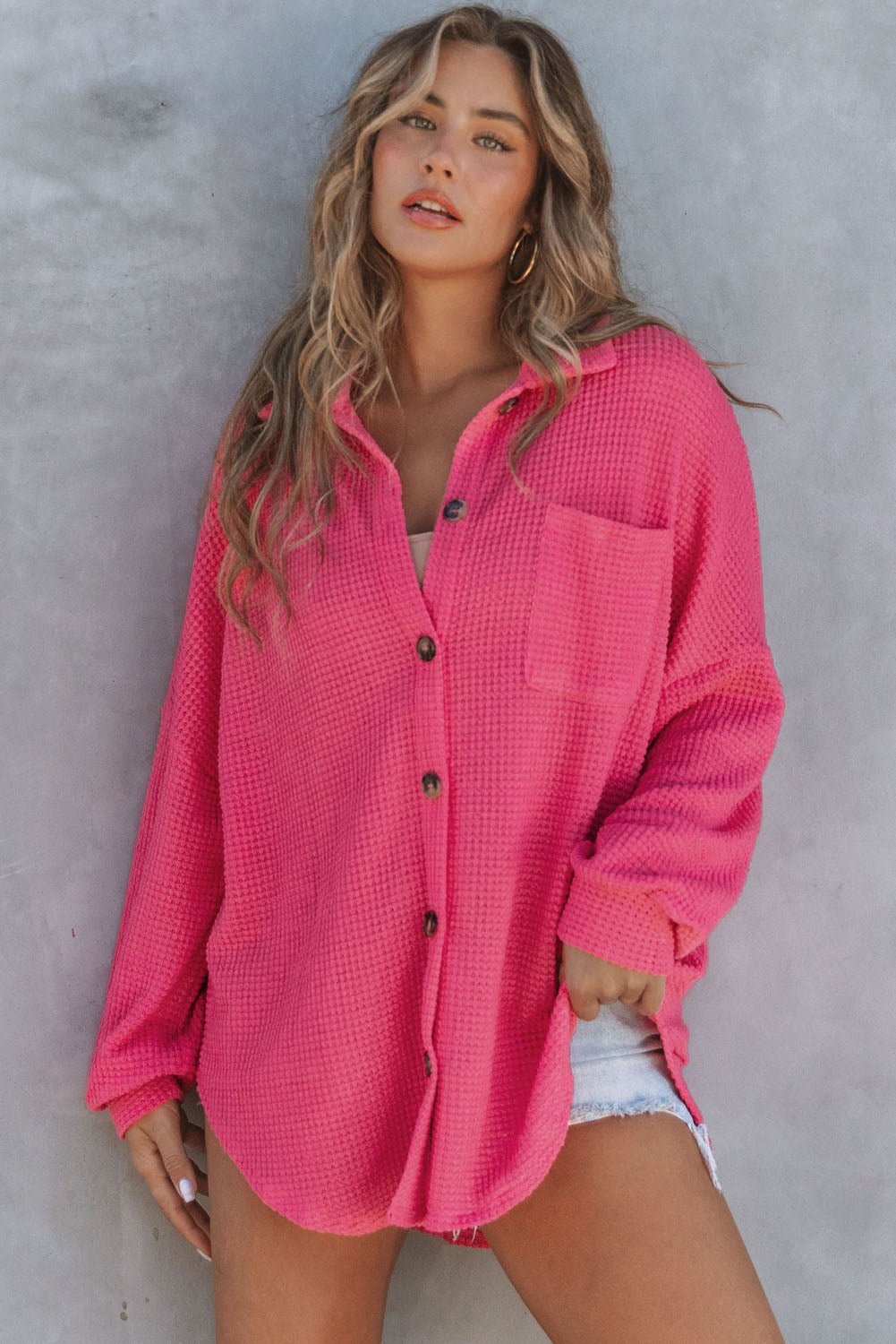 Fashionsarah.com Fashionsarah.com Pink Waffle Knit Button Up Casual Shirt