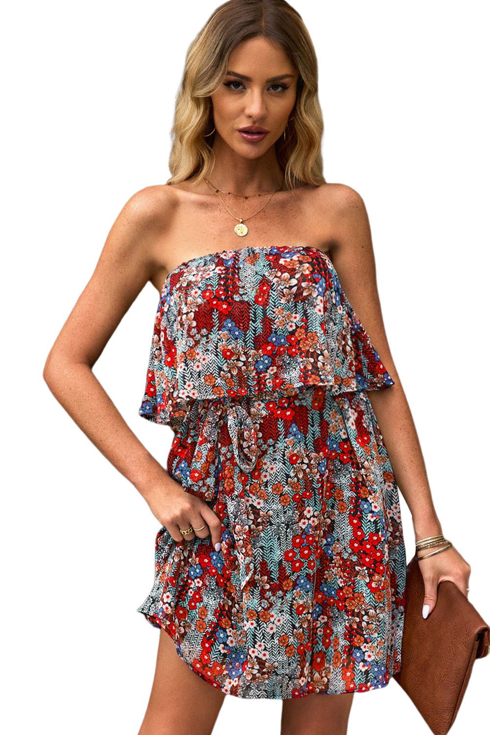 Fashionsarah.com Red Floral Print Tiered Ruffled Bandeau Mini Dress