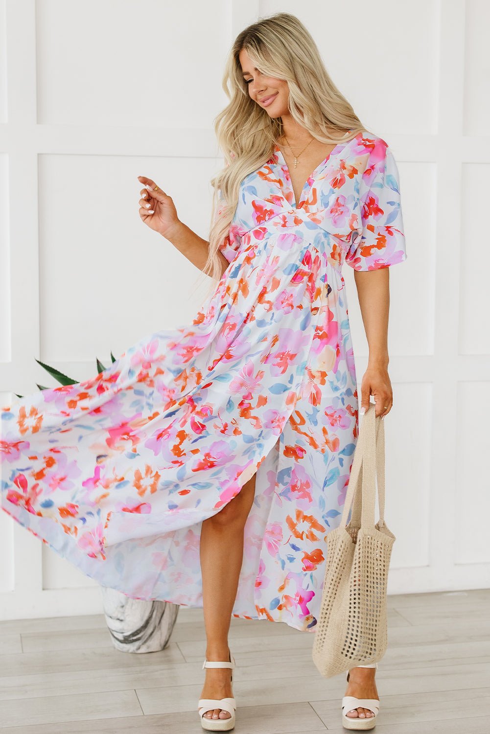 Fashionsarah.com Fashionsarah.com Tropical Floral Ruched V Neck Maxi Dress