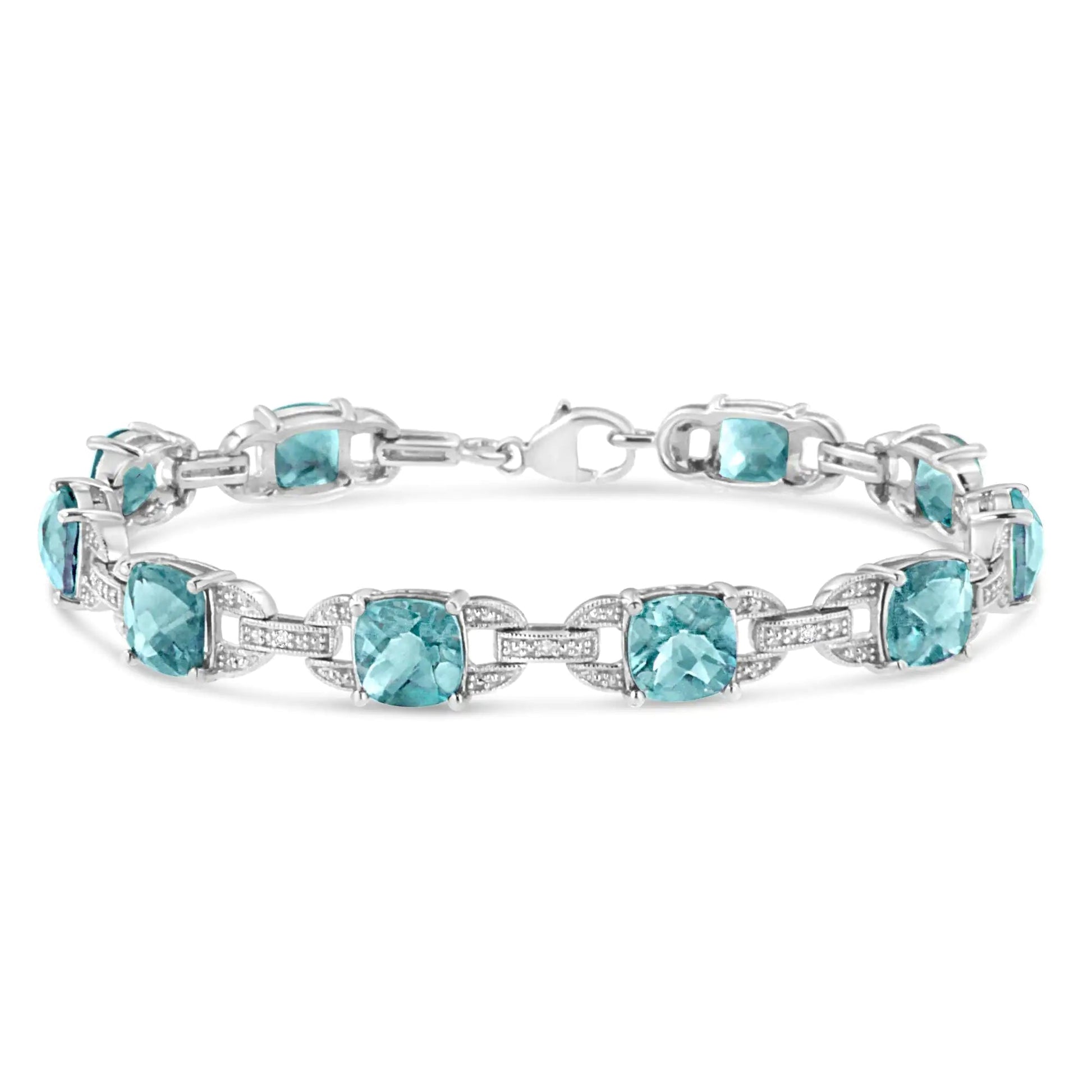 .925 Sterling Silver 7x7 mm Cushion Cut Blue Topaz and 1/20 cttw Round Cut Diamond Fashion Tennis Bracelet (I-J Color, I1-I2 Clarity) - 7" | Fashionsarah.com