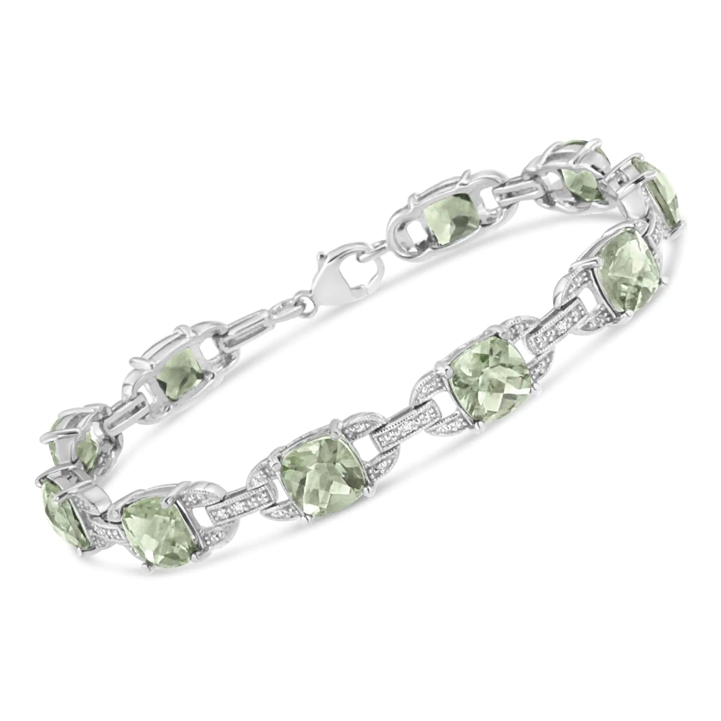 .925 Sterling Silver 7x7 mm Cushion Cut Green Amethyst and 1/20 cttw Round Cut Diamond Fashion Tennis Bracelet (I-J Color, I1-I2 Clarity) - 7" | Fashionsarah.com