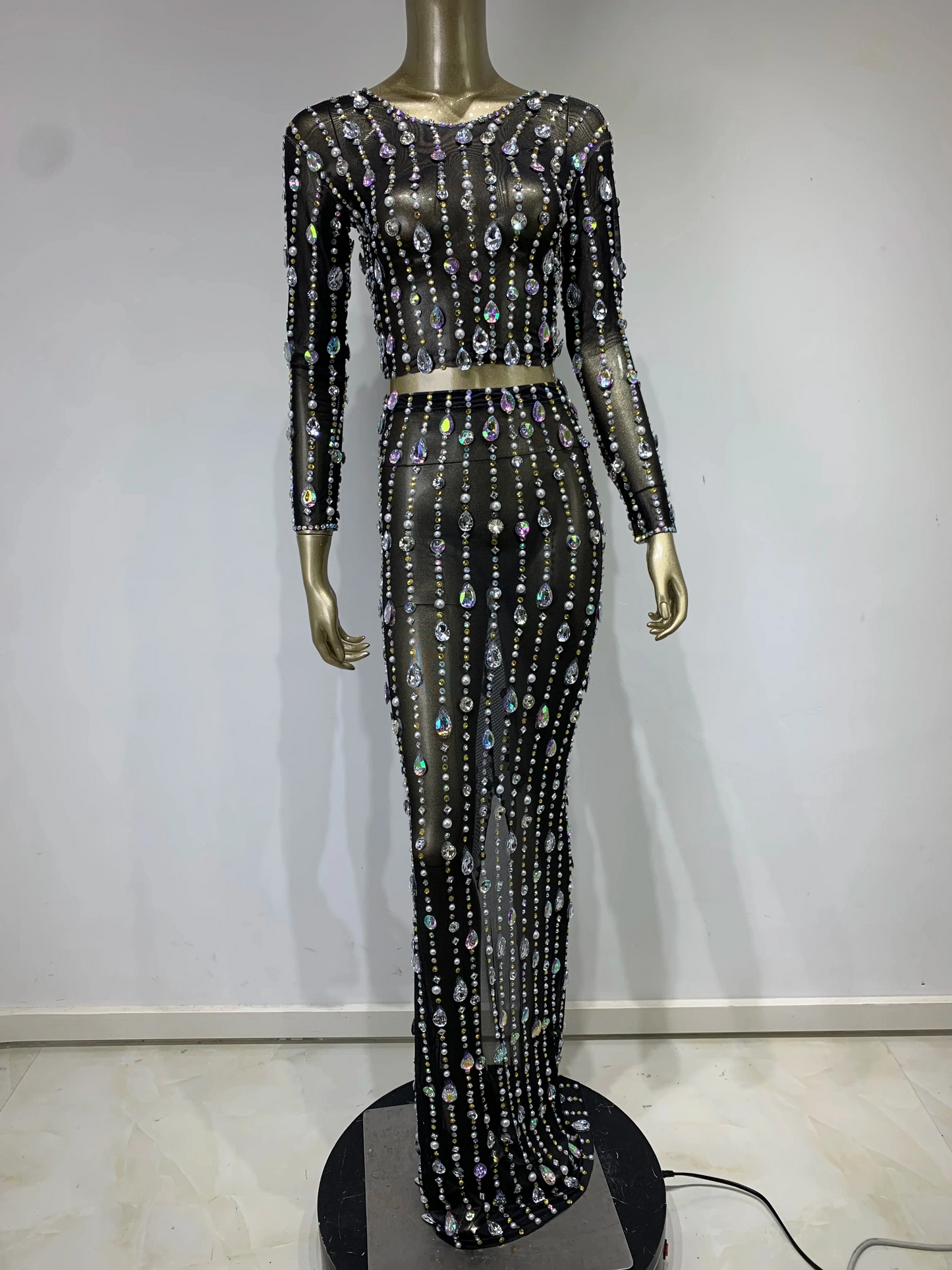 Rhinestone Sparkly Maxi Long Skirt with Top Set | Fashionsarah.com