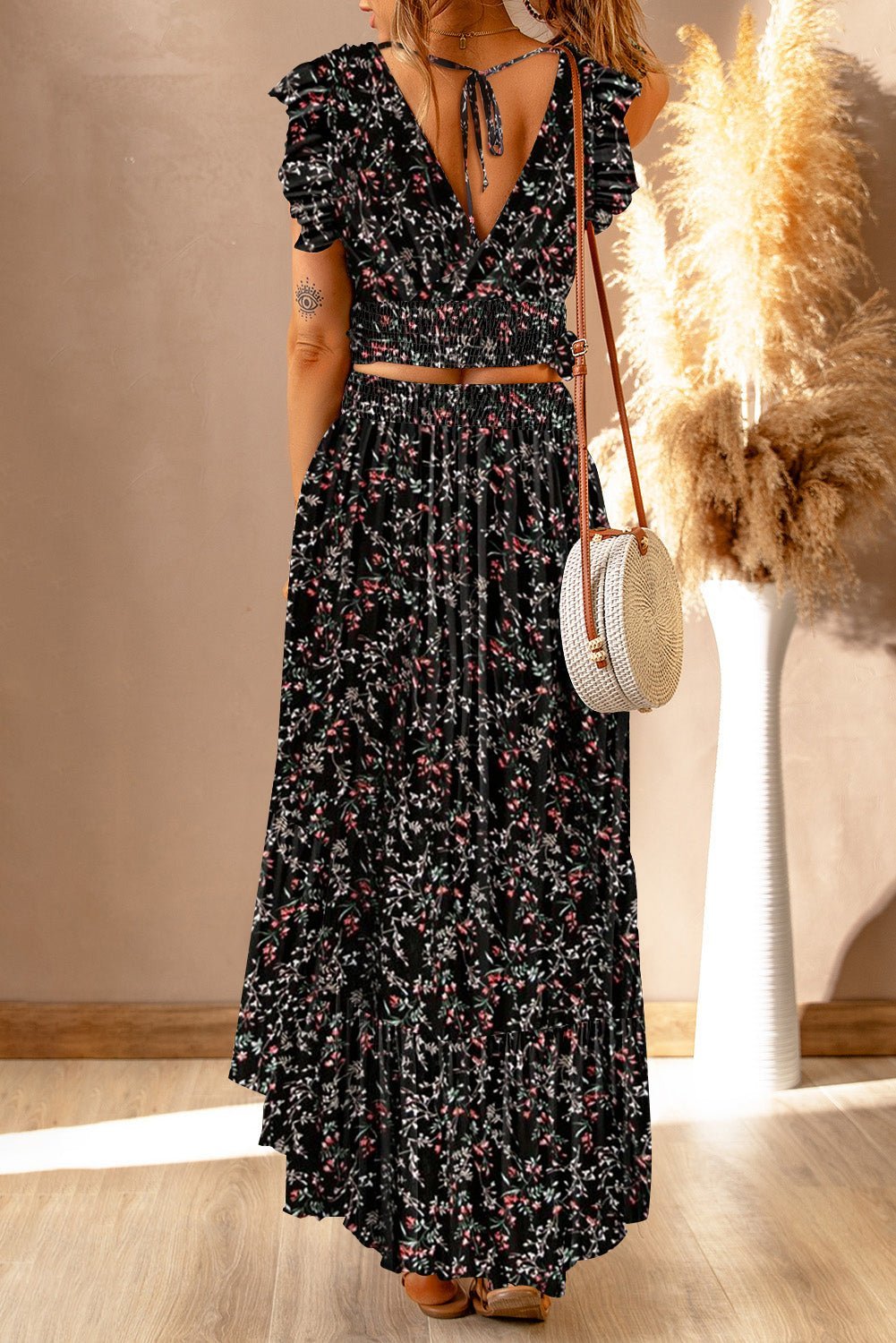 Fashionsarah.com Black Floral Ruffled Crop Top and Maxi Skirt