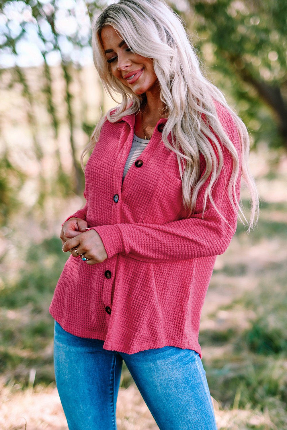 Fashionsarah.com Fashionsarah.com Pink Waffle Knit Button Up Casual Shirt