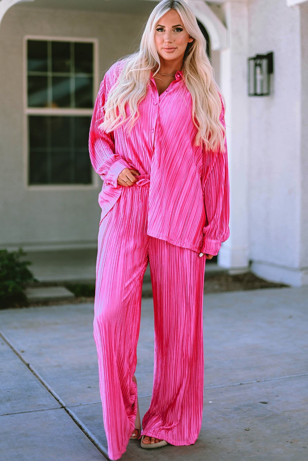 Rose Pleated Long Sleeve Buttoned Drawstring Romper | Fashionsarah.com