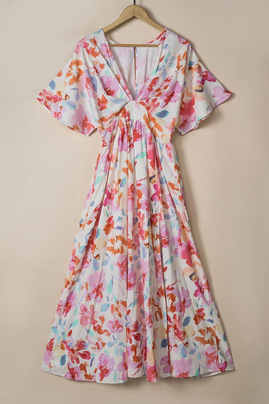 Fashionsarah.com Tropical Floral Ruched V Neck Maxi Dress