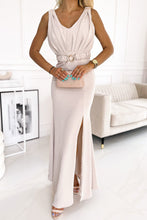 Load image into Gallery viewer, Apricot V Neck Row Pleated Waist Slit Maxi Dress | Fashionsarah.com