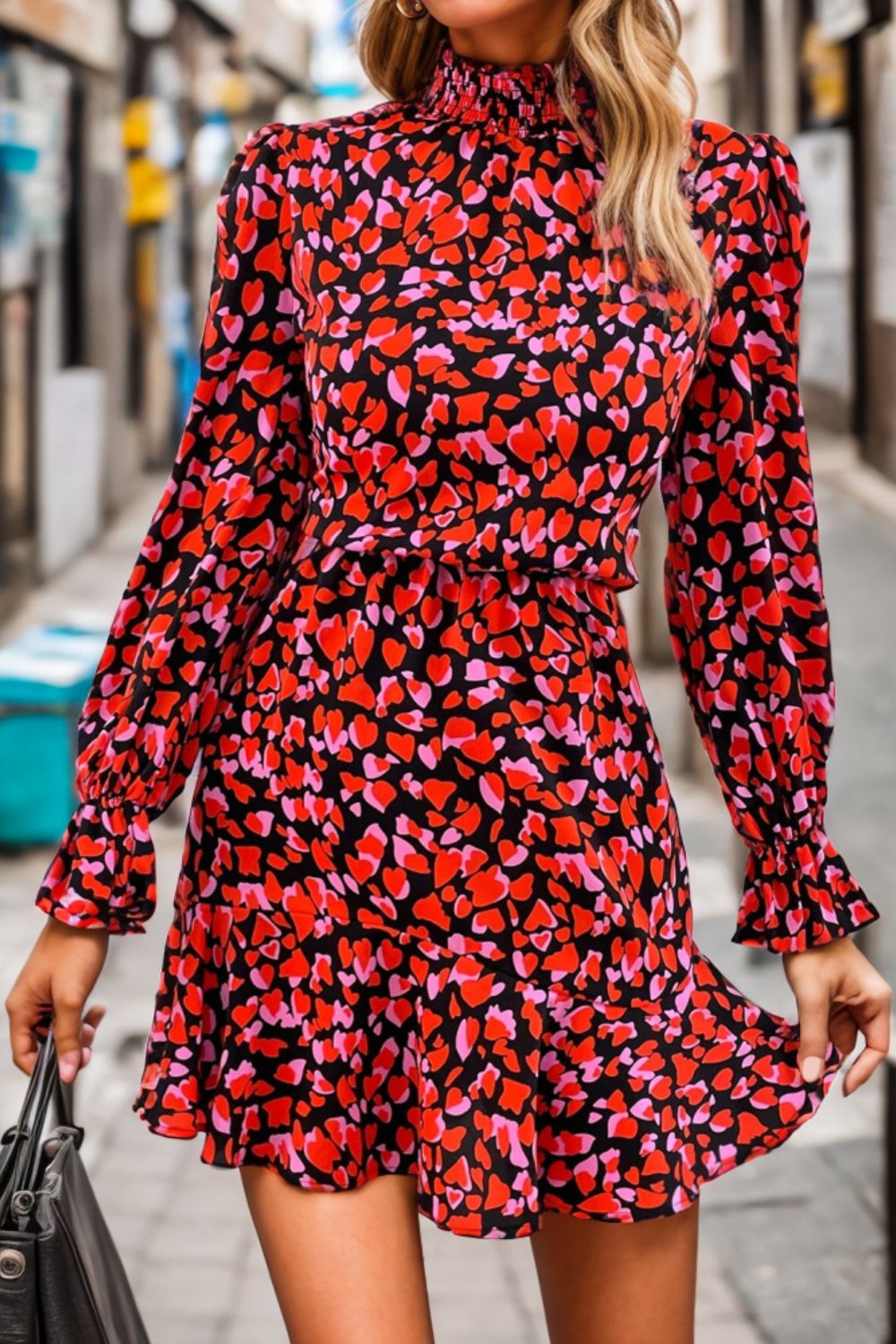 Heart Printed Mock Neck Flounce Sleeve Dress | Fashionsarah.com