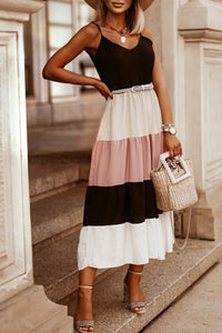 Black Color Block Sleeveless V Neck Long Dress | Fashionsarah.com