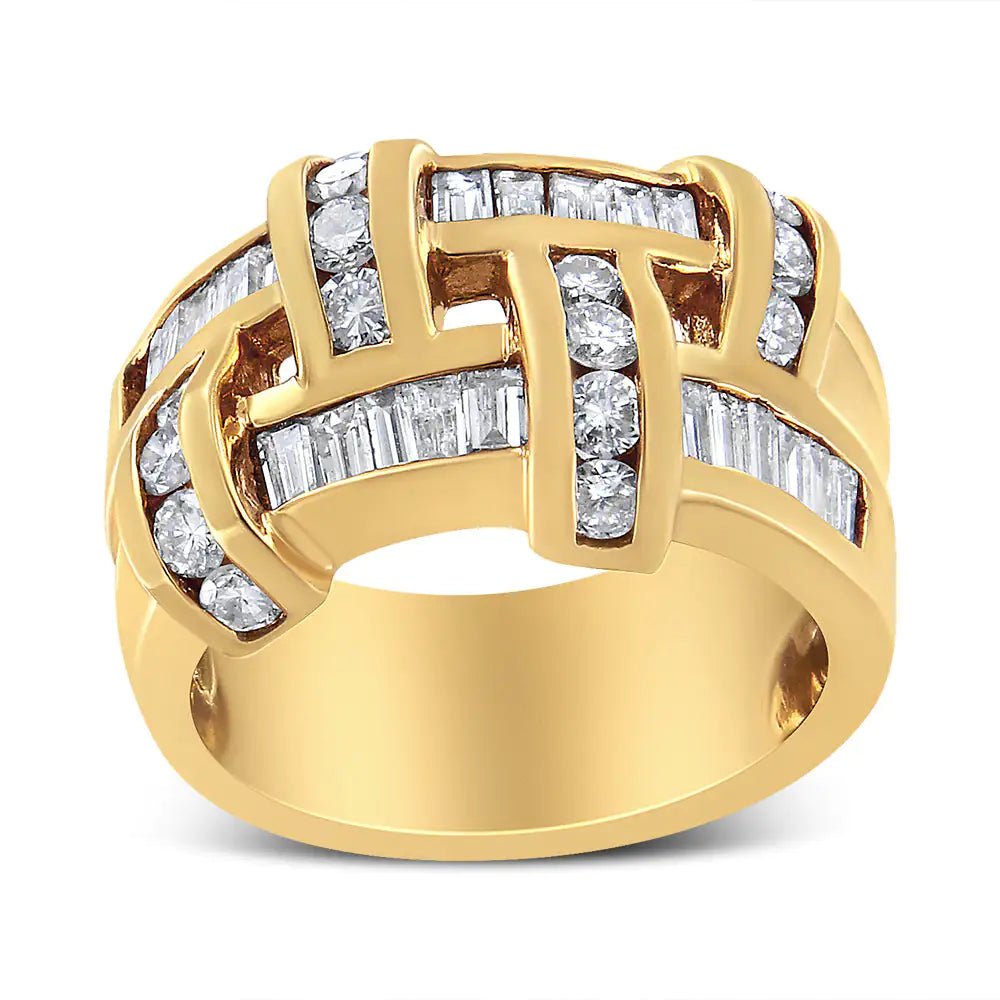 14K Yellow Gold 1 5/8 Cttw Round and Baguette Diamond Lattice Grid Design Ring Band (H-I Color, VS2-SI1 Clarity) - Ring Size 6 | Fashionsarah.com