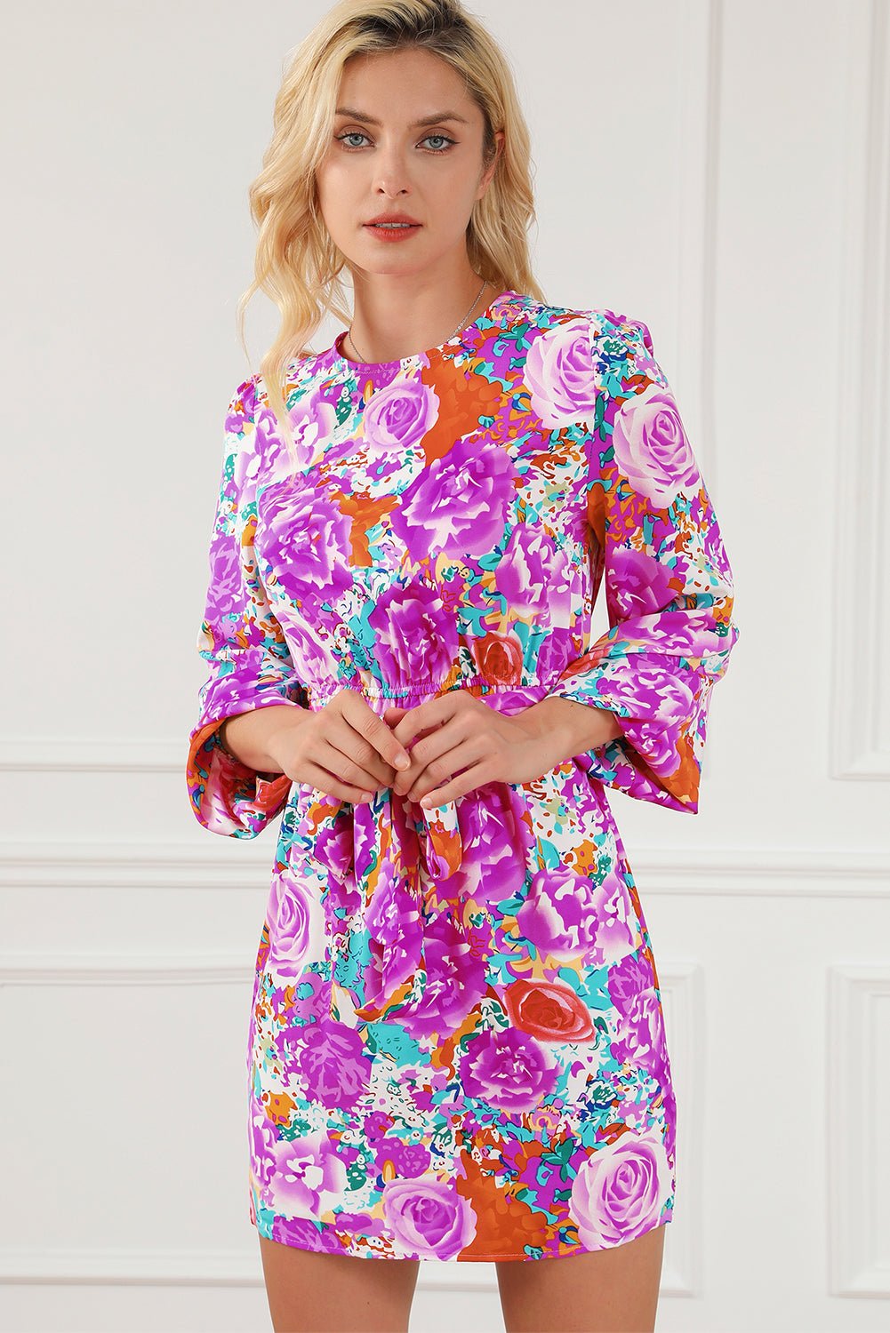 Purple Floral Keyhole Back Long Sleeve Belted Dress | Fashionsarah.com