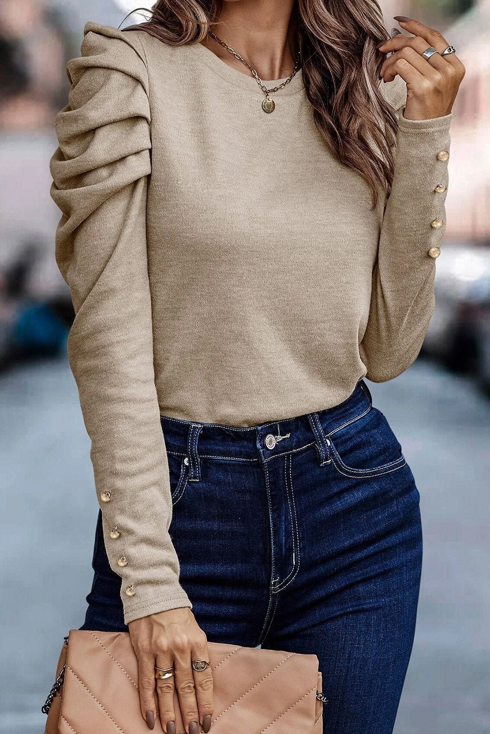 Gray Buttoned Puff Sweatershirt | Fashionsarah.com