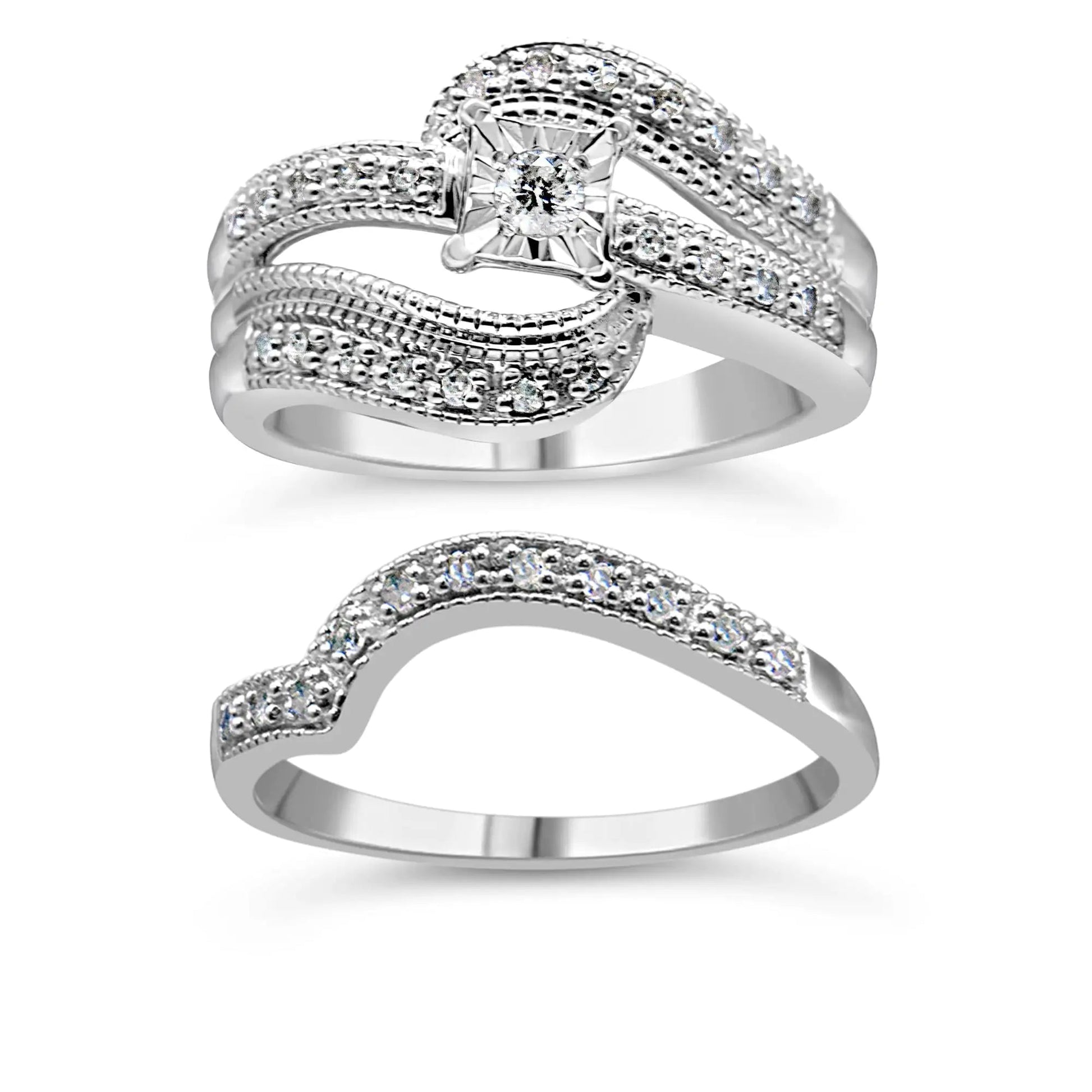 .925 Sterling Silver 1/3 Cttw Round Diamond Crisscross Engagement Ring Bridal Set (H-I Color, I1-I2 Clarity ) | Fashionsarah.com