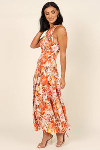 Orange Floral Print Pleated Dress | Fashionsarah.com