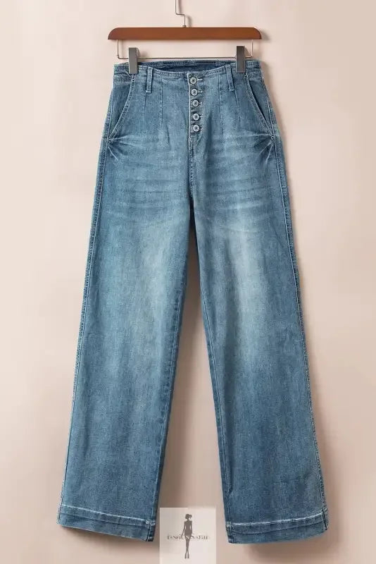 Blue straight loose women jeans featuring wide-leg, button-fly design