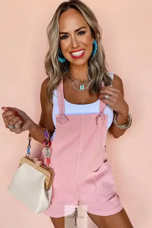 Pink denim romper with pockets featuring pink denim short overalls for stylish casual wear
