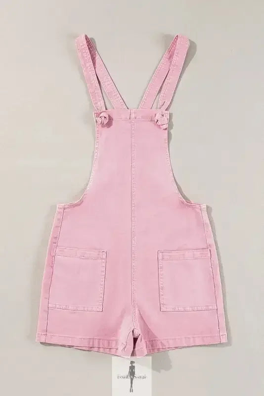 Pink denim romper with shorts and pockets, perfect for casual wear
