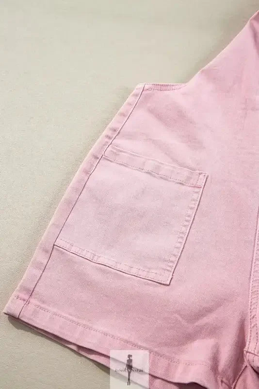Pink denim romper with pockets showcasing stylish pink denim shorts for casual wear