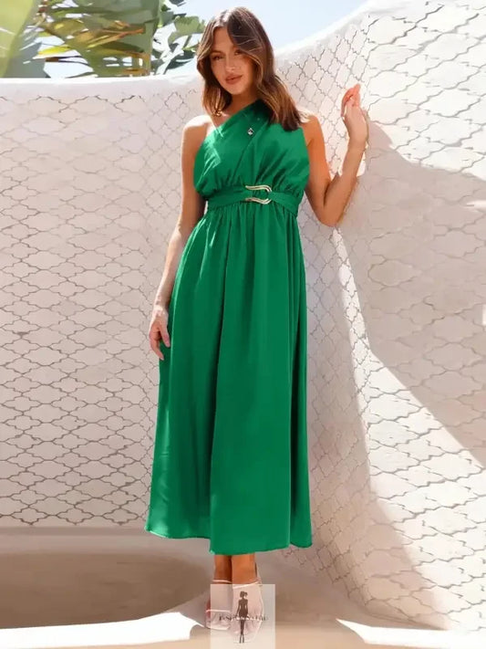 Emerald green single shoulder midi dress showcasing elegant fashion by Fashionsarah
