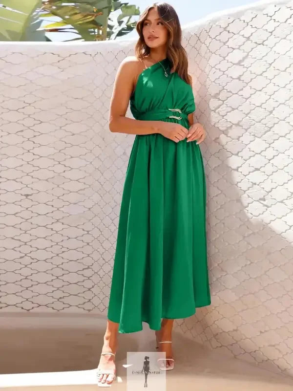 Elegant green single shoulder midi dress showcasing trendy shoulder midi dress fashionSARAHand style