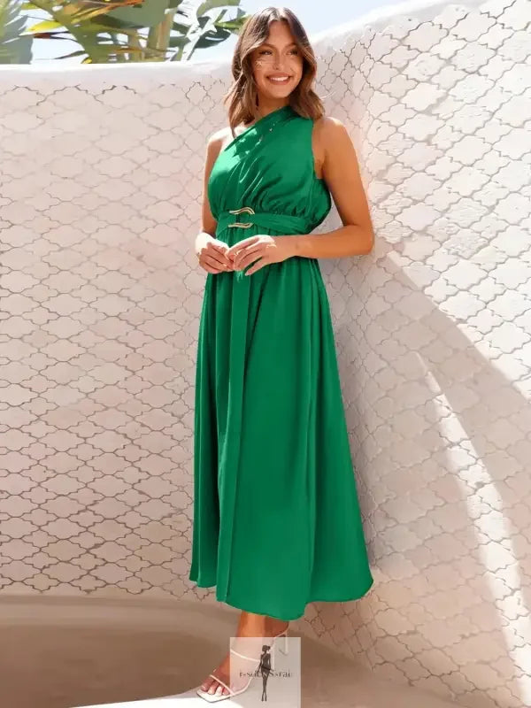 Elegant green single shoulder midi dress showcased in the Single Shoulder Midi Dress collection