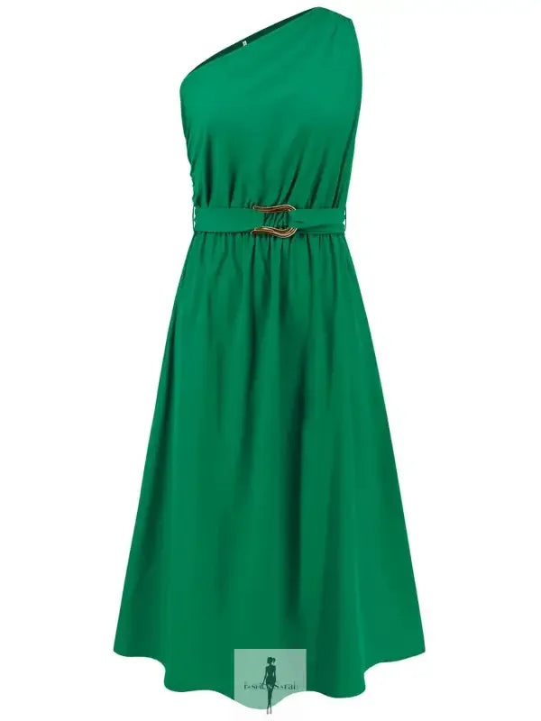 Green single shoulder midi dress with belt from Fashersarah style showcase