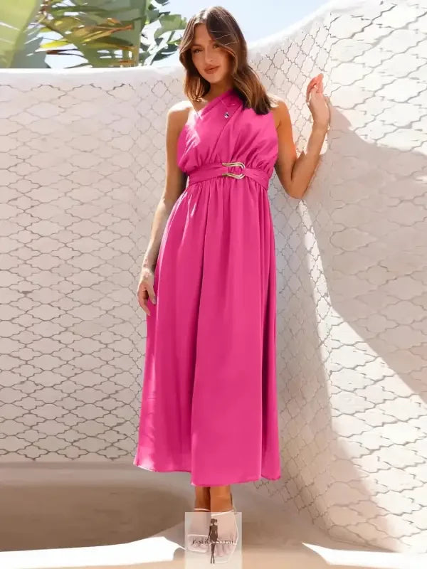 Pink halter maxi dress showcased as a stylish single shoulder midi dress by Fashionsarah