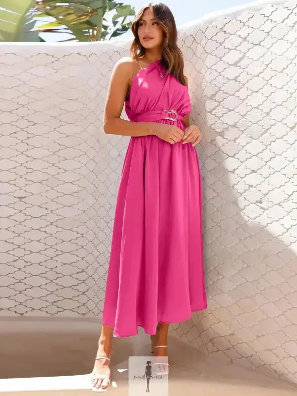 Pink halter single shoulder midi dress showcased in a stylish shoulder midi dress by Fashersa