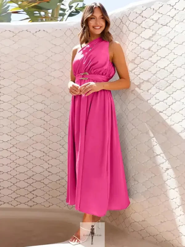Fuchsia halter maxi dress as shown in a stylish single shoulder midi dress from Fashionsarah