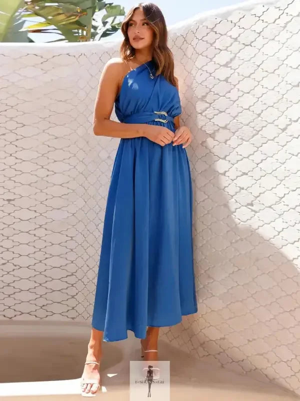 Blue single shoulder midi dress, stylish shoulder midi dress for fashion enthusiasts