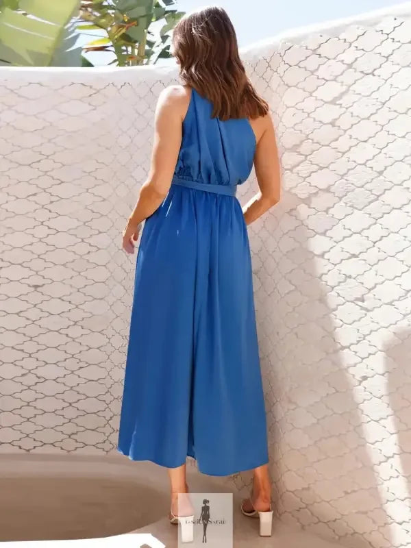 Blue halter-neck midi dress showcasing the elegant Single Shoulder Midi Dress by FashonSarah