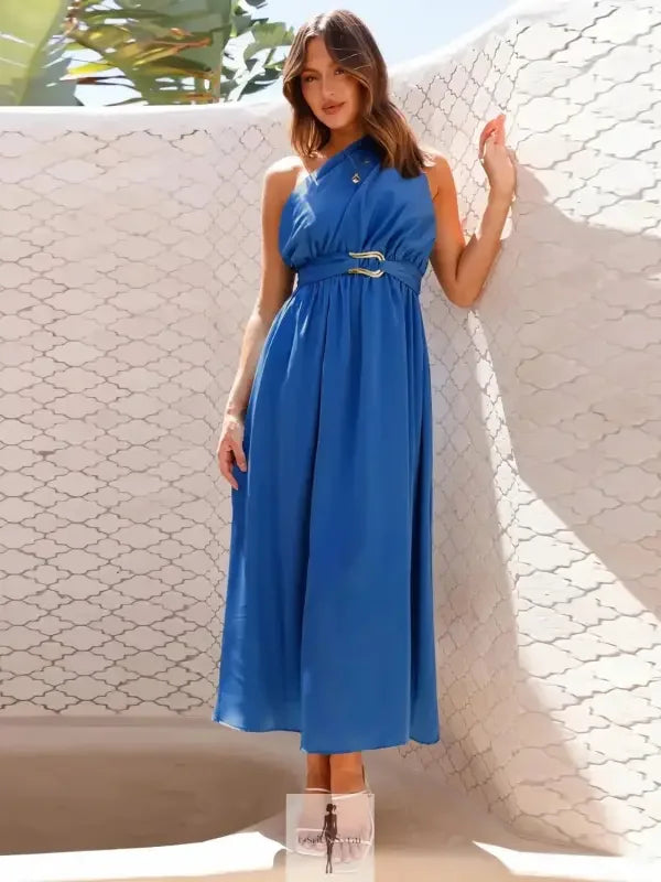 Blue single shoulder midi dress with buckle detail, ideal for midi dress fashionsarah