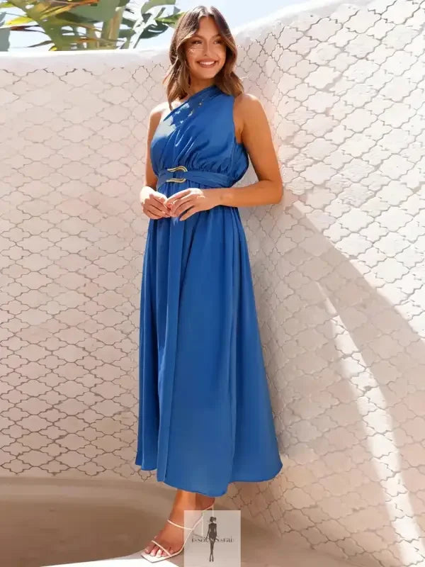 Blue single shoulder midi dress displayed in the product Single Shoulder Midi Dress by Fashionsarah
