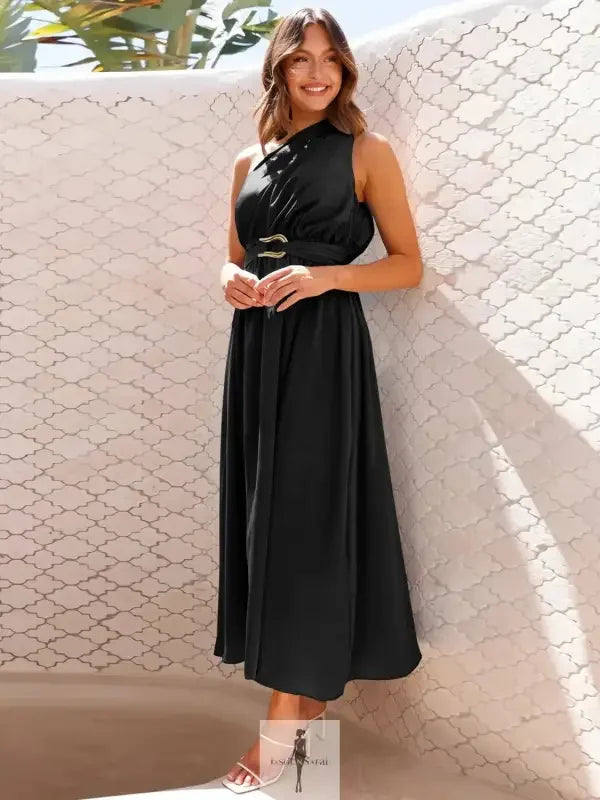 Elegant black single shoulder midi dress, perfect for fashionable occasions