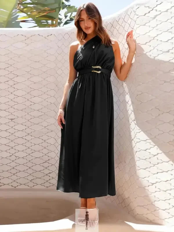 Black one-shoulder midi dress displayed, ideal for single shoulder midi dress fashionsarah