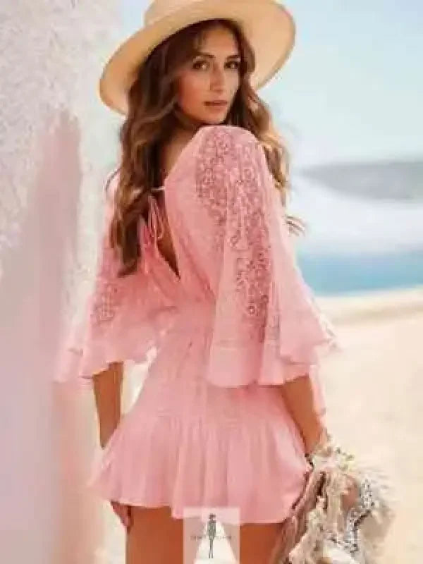 Pink floral-embroidered lace cutout half sleeve mini dress ideal for elegant occasions