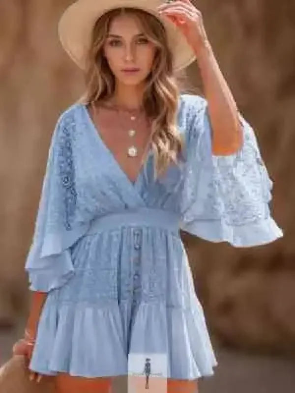 Light blue lace cutout half sleeve mini dress with V-neck and lace details