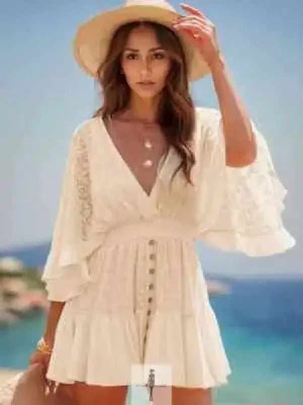 White v-neck lace cutout half sleeve mini dress with ruffles and buttons for elegant style