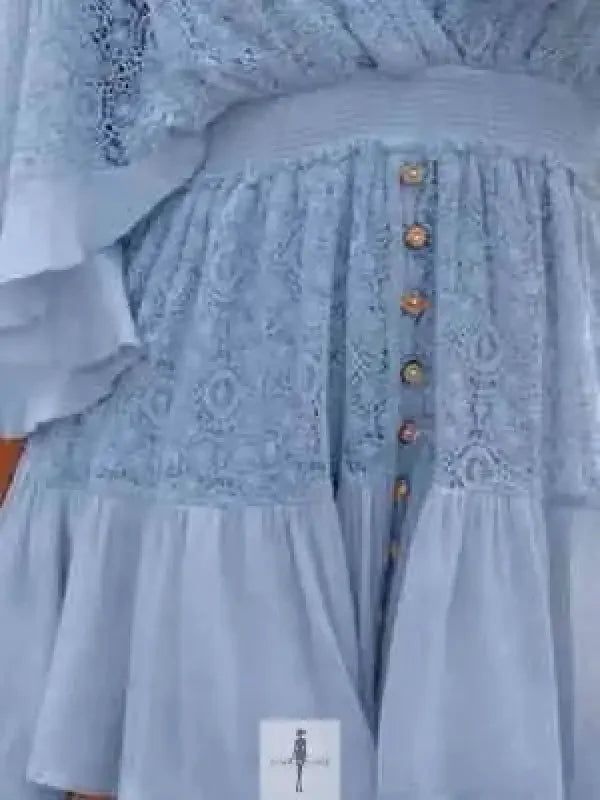 Light blue lace cutout half sleeve mini dress with button details for elegant occasions