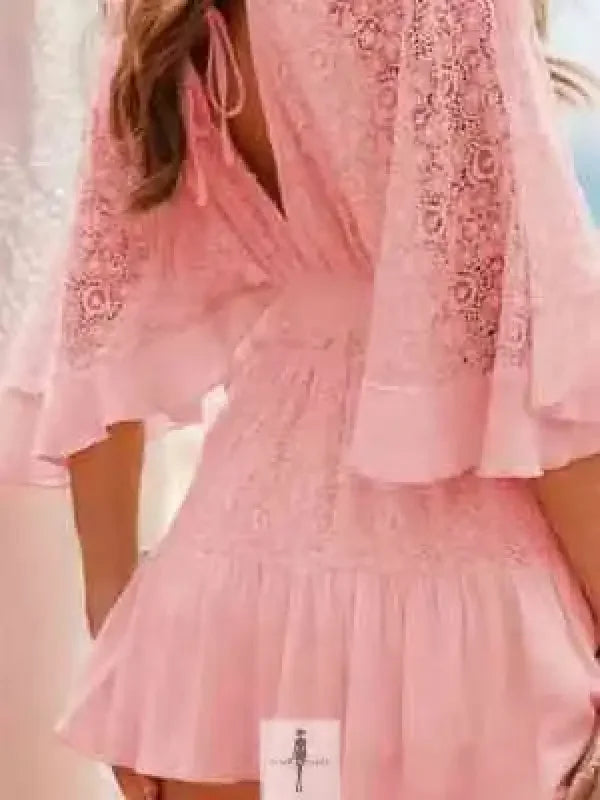 Pink lace cutout half sleeve mini dress with flutter sleeves for elegant style