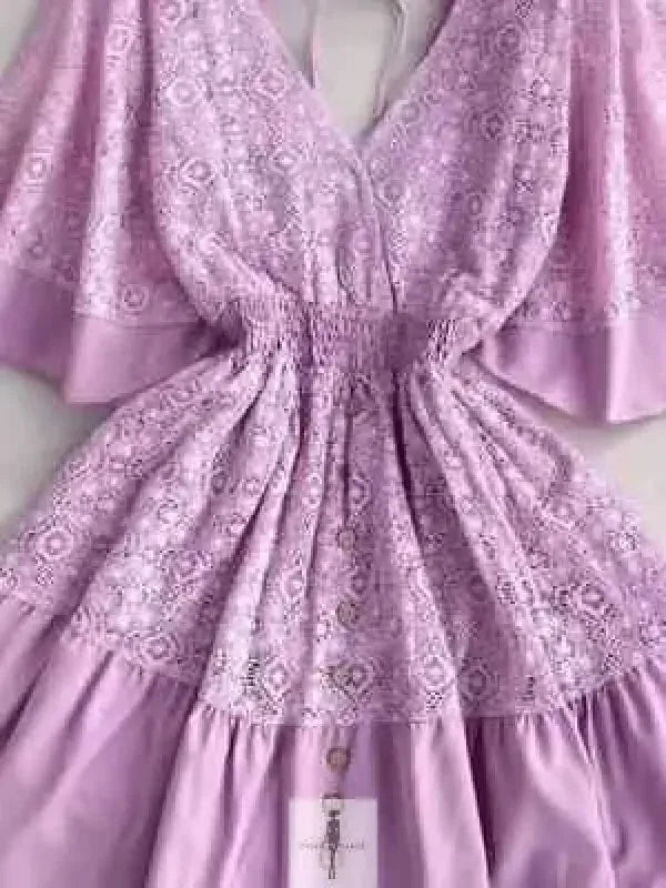 Lavender lace cutout half sleeve mini dress displayed in the Lace Cutout Half Sleeve Mini Dress collection