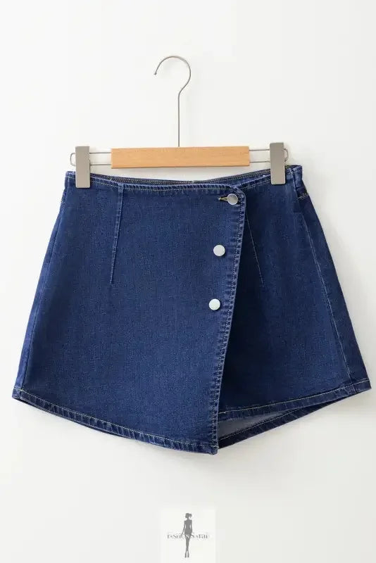 Asymmetric wrapped denim skort with button closure from Asymmetric Wrapped Denim Shorts collection