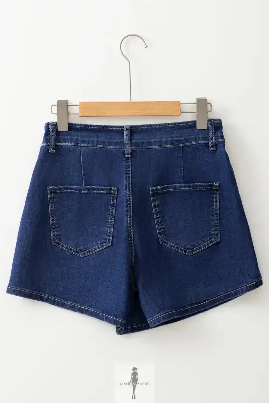 Dark blue asymmetric wrapped denim shorts displayed in the Asymmetric Wrapped Denim Shorts product image