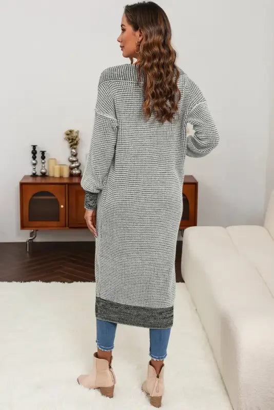 Fashionsarah gray and white striped duster cardigan with knit pockets for a stylish look