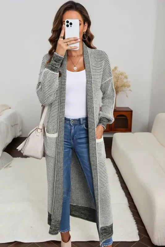 Long patterned duster cardigan with knit pockets from Fashionsarah Gray and White collection