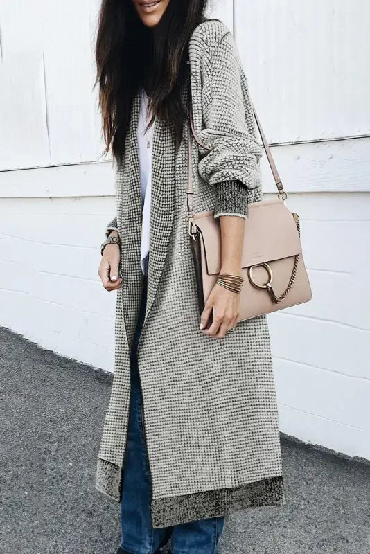 Fashionsarah Gray and White Duster Cardigan with pattern, shoulder bag, and knit pockets