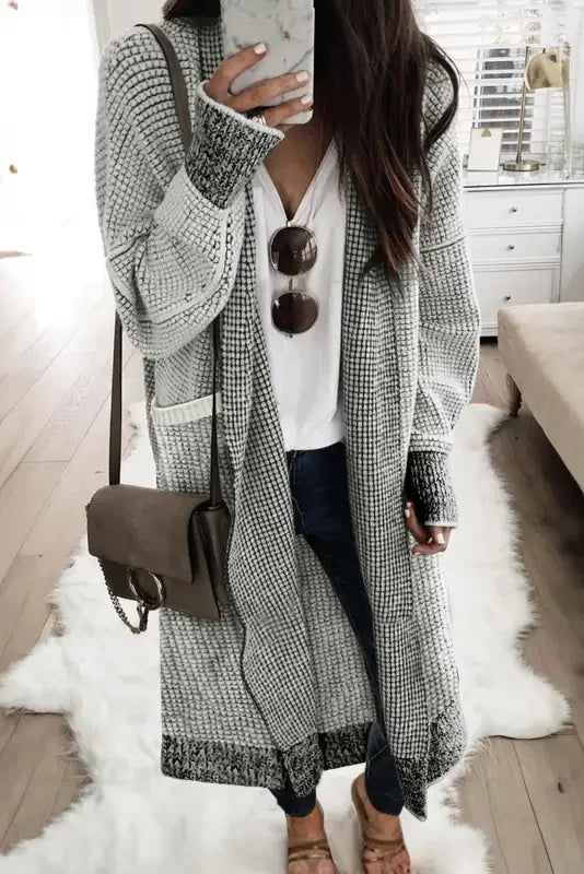 Fashionsarah long gray and white knit pocketed duster cardigan for women