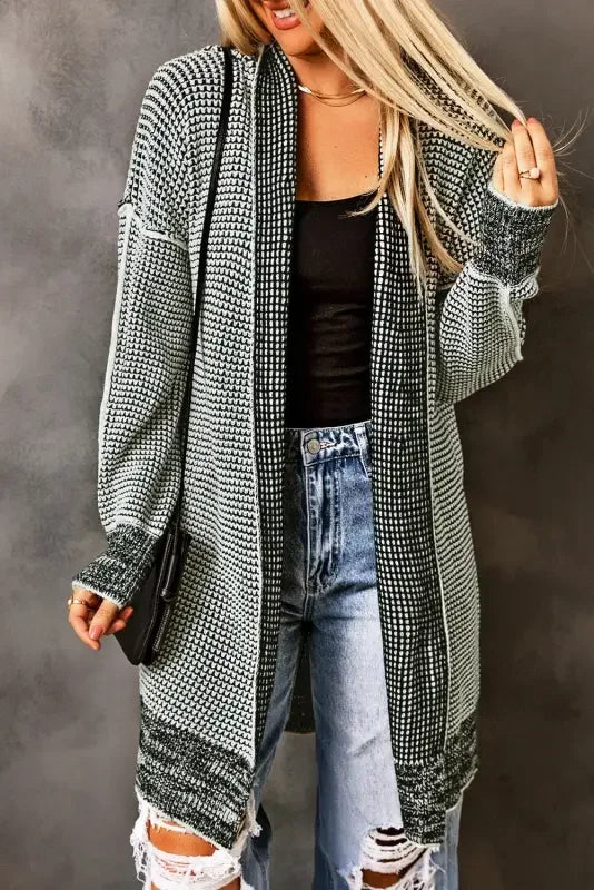 Open-front knit pocketed duster cardigan from Fashionsarah in gray and white colors