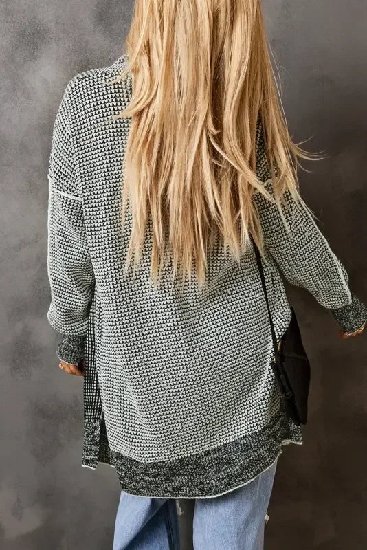 Fashionsarah gray and white patterned duster cardigan with knit pockets for a stylish look